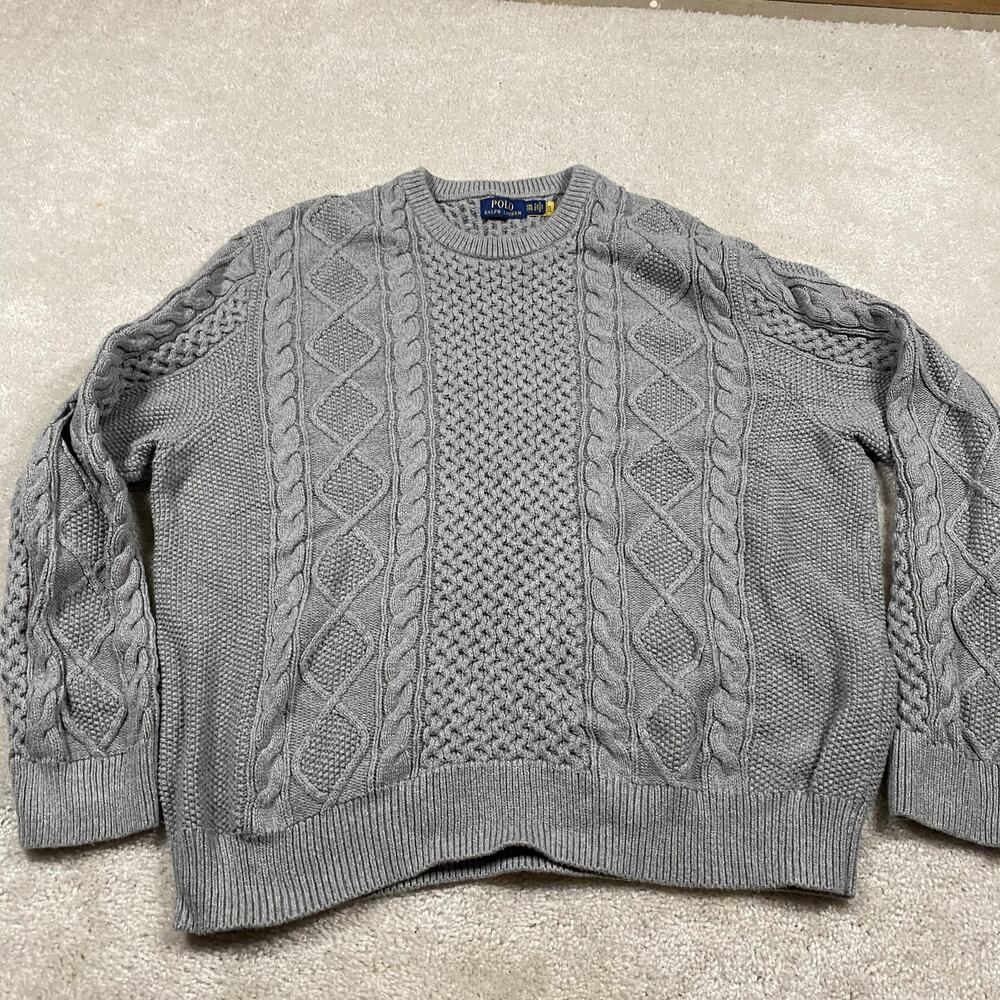 Polo Ralph Lauren Sweater Mens 2XL Gray Cotton Cable Knit Crewneck Fisherman